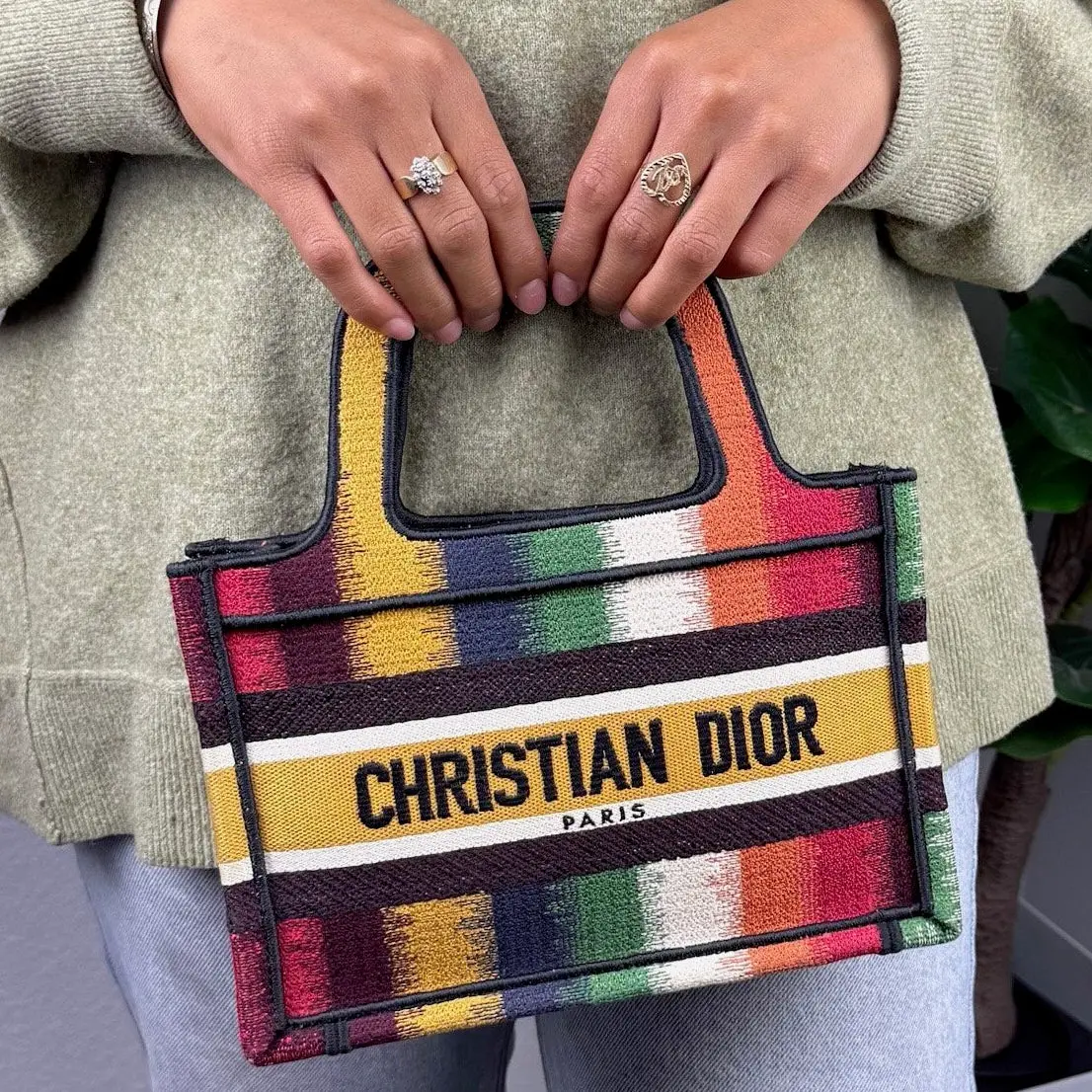 Pre-owned canvas Tote Bags Authentic Christian Dior Book Tote Mini Multicolor D Stripes Embroidery