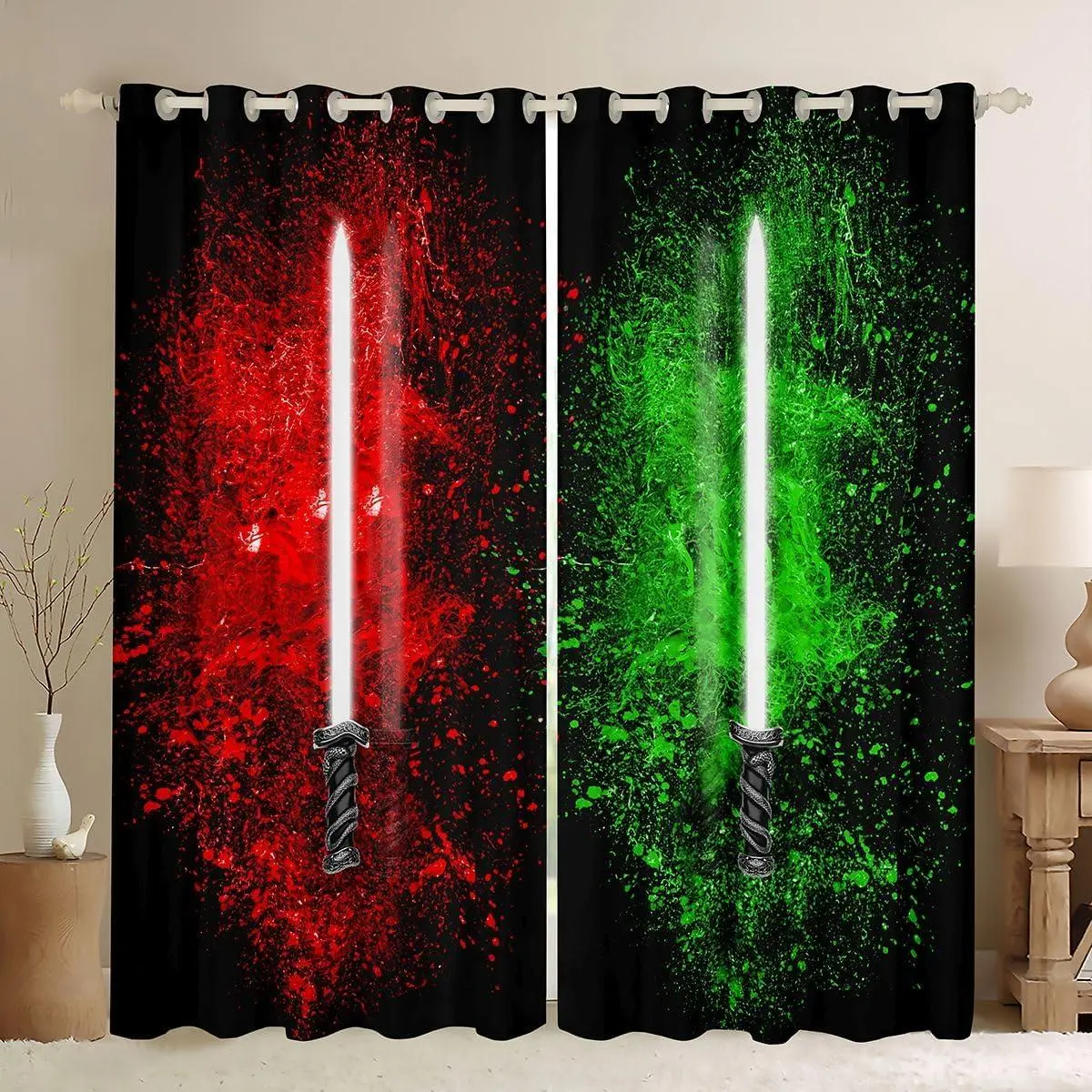 Lightsaber Curtains Red Green Tie Dye Curtains Bedroom Living Room Future Technology Windows Drapes Soft Lightweight Room Decoration,,2 Panels