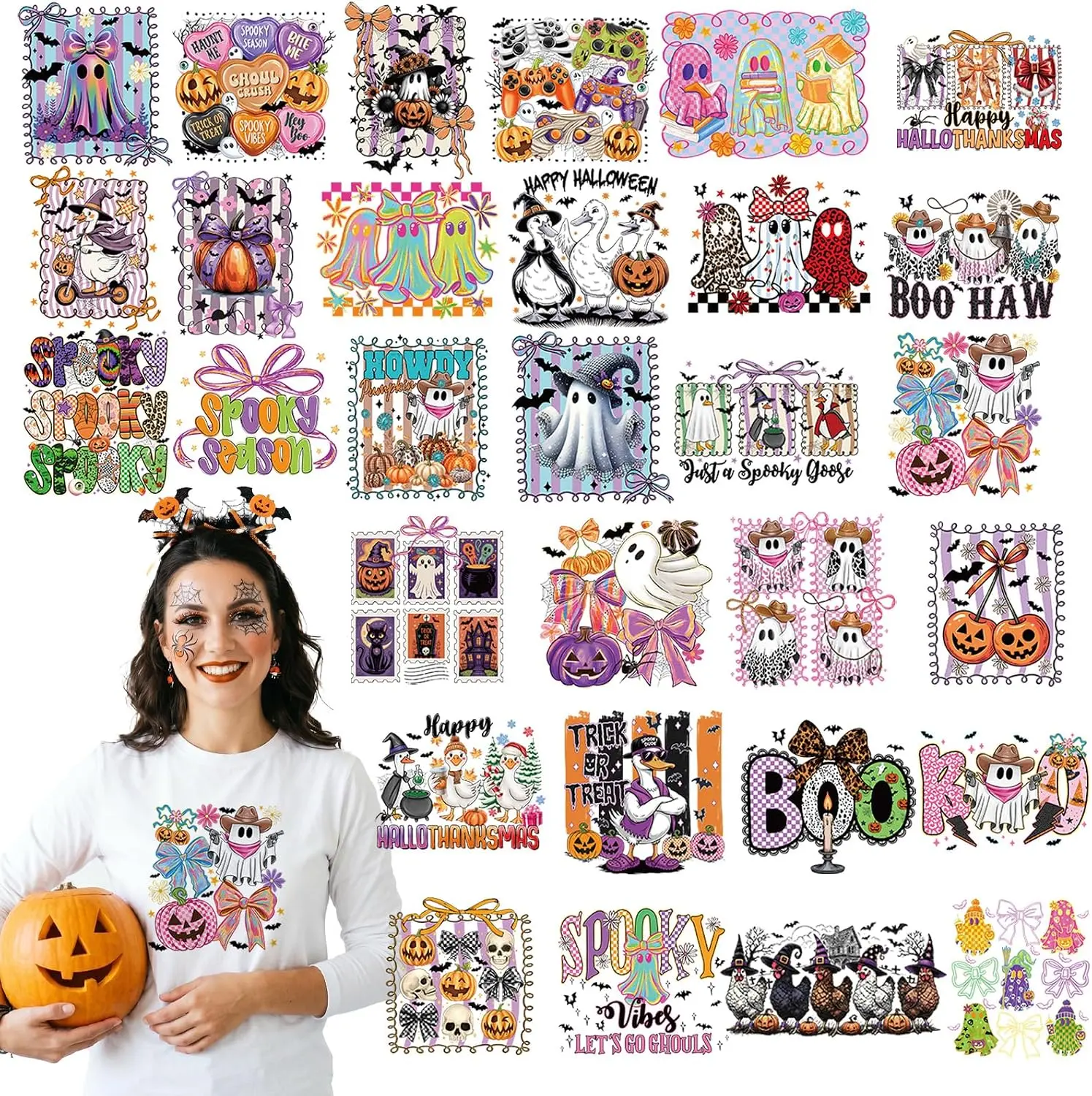Halloween Iron on Transfers - 30 Sheets Spooky Ghost DTF Ready to Press Bulk Funny Boo Pumpkin Bow Heat Patches Stickers Vinyl Decals for T Shirts Clothes Pillow Bag DIY Crafts Decorations