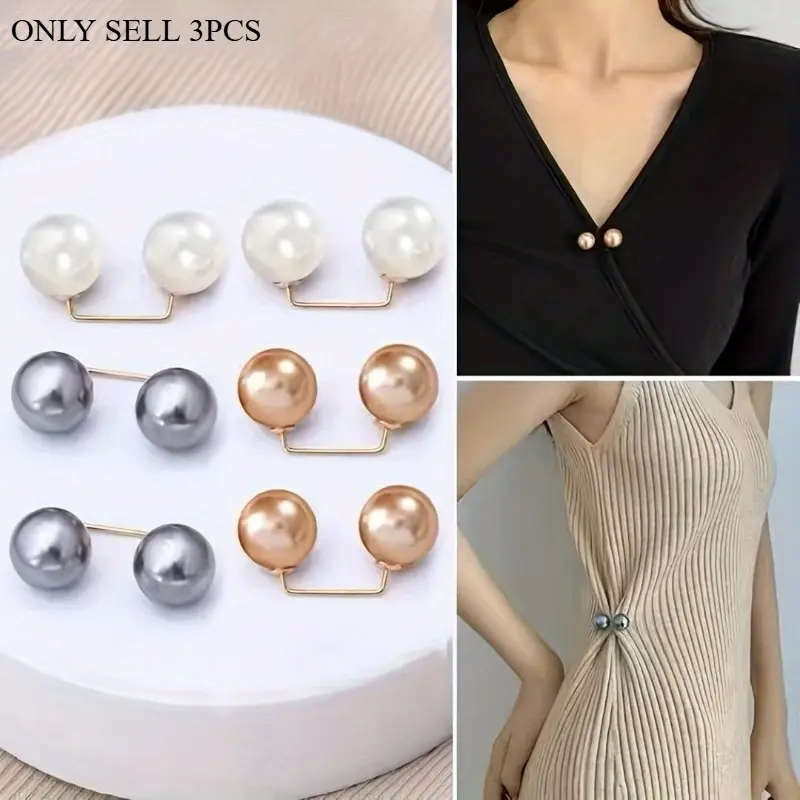 3 Pcs Elegant Faux Pearl Waistband Pins For Jeans, Adjustable Denim Waist Tightener, Skirt & Pants Resizer Clips, Fashion Accessory For A Perfect Fit
