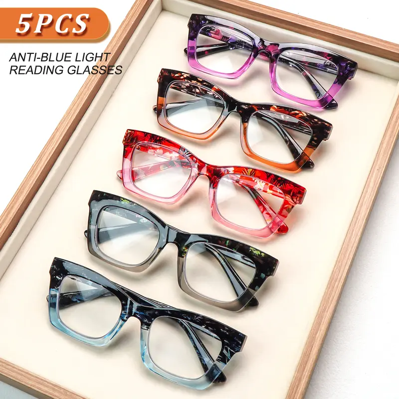 Women's 5-Pcs Anti-Reflective Blue Light Glasses for Adults - Stylish Oversized Frame Reading Eyeglasses with Durable Adjustable Spring Hinges, Mix Colors, Gift Set with Box for Computer Work