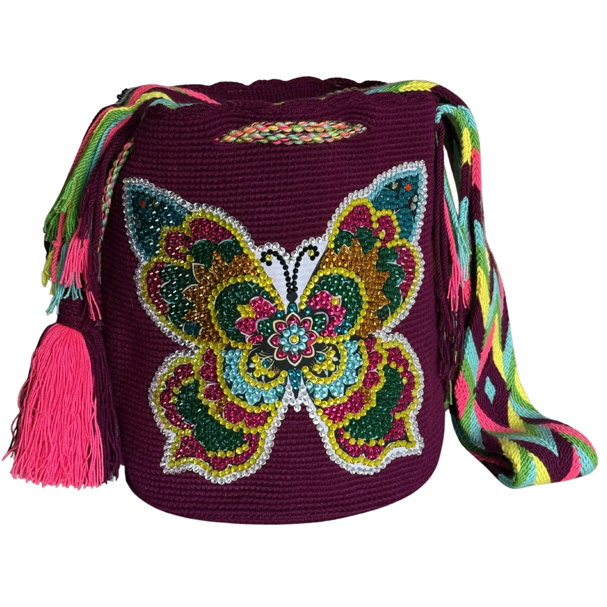 Women's Casual Handmade Beaded Wayuu Crossbody Bag - Artisan Crochet Purse with Crystal-Embellished Butterfly Design