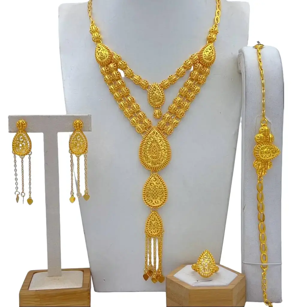 Women's Glamorous Vintage Gold 4-Piece Costume Jewelry Set - Hollow Filigree Dubai Style with Hollow Fringe Tassel Pendant Necklace, Earrings, Adjustable Copper Alloy Bangle & Ring, Pendant Necklace Set