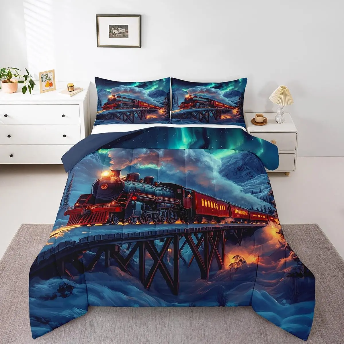 Feelyou Vintage Train Bedding Set for Boys - Multi-Size, Travel-Friendly Duvet Insert with Steam Engine, Galaxy Starry, Locomotive, Mountain, Country Tree Designs, Queen Option