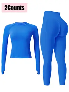 Women's 2-Piece Seamless Ribbed Slim-Fit Sports Set, Yoga Clothes Set: Round Neck Long Sleeve T-Shirt + High-Stretch Buttock-Lifting Leggings, Thumb Holes Gym Outfit