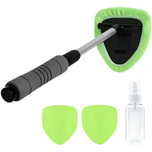 【FathersDayGift】Windshield Cleaner Tool with Extendable Handle Auto Glass Wiper Kit 3 Reusable Microfiber Pads for Car Interior & Exterior GreenWand Cloth Pads Essential Car Cleaning Brushes Car Detailing Products Automotive Degreaser
