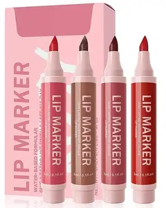 Lip Stain Marker Pen Set-4 Pcs Hydrating Lip Stain Liquid Lip Liner Pencil Kit, Matte Color Look, Longlasting Waterproof Smudgeproof Natural Finish,Precise Chisel Tip Smooth, Makeup Gift for Women Eyeliner Lipliner Contour Daily