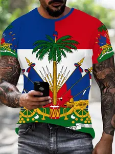 Men's Flag Emblem Print Half Sleeve T-Shirt, Round Neck, Casual Long Top, Random Pattern, Summer Fashion, Loose-Fitting, No Button or Collar