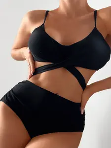 Women's Patterned Two-Piece Swimsuit, High-Waisted Bikini Set, Perfect for Beach and Pool, Fashionable and Comfortable Swimwear, Criss Cross Swimsuits