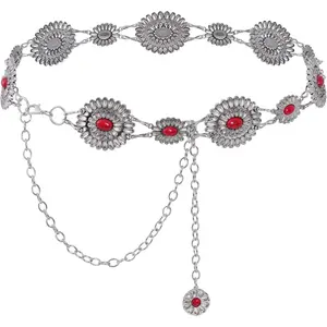 Western Metal Oval Concho Chain Belt for Women Cowgirl Turquoise Waist Chain Belt for Dresses Jeans Western