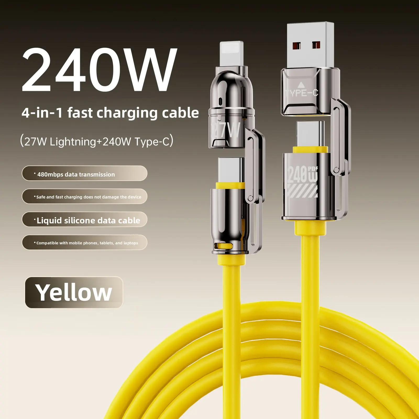 240W Fast Charger Set with Durable Liquid Silicone 3.9FT 4-in-1 USB A+Type C Cable - Fast Charging Adapter for Smartphone, Cellphone, Android Electronic Devices, Phones, Tablets, Computers