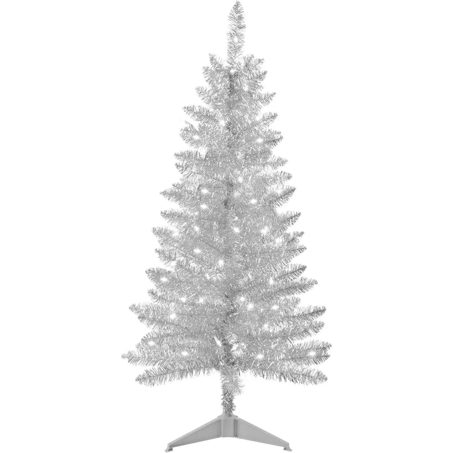 4ft Artificial Full Silver Christmas Tree with Separate Lights, Not Pre-lit Mini Silver Tinsel Pine Christmas Tree, 50 Lights, Small Xmas Tree for Home, Office, Party Decoration, Indoor