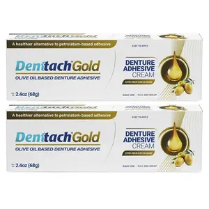 Denttach Gold Denture Adhesive, Petroleum Free Olive Oil Based Premium Denture Adhesive Cream for Full and Partial Dentures, All Day Secure Hold Denture Glue, Zinc Free, 2.4 Ounce (Pack of 2)