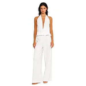 White Linen Halter Peplum Top & Wide Leg Pants Set