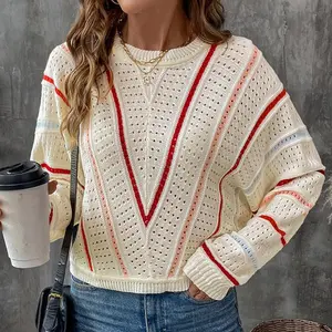 Women's Striped Knit Sweaters Hollow Eyelets Long Sleeve Round Neck Loose Fall Pullovers