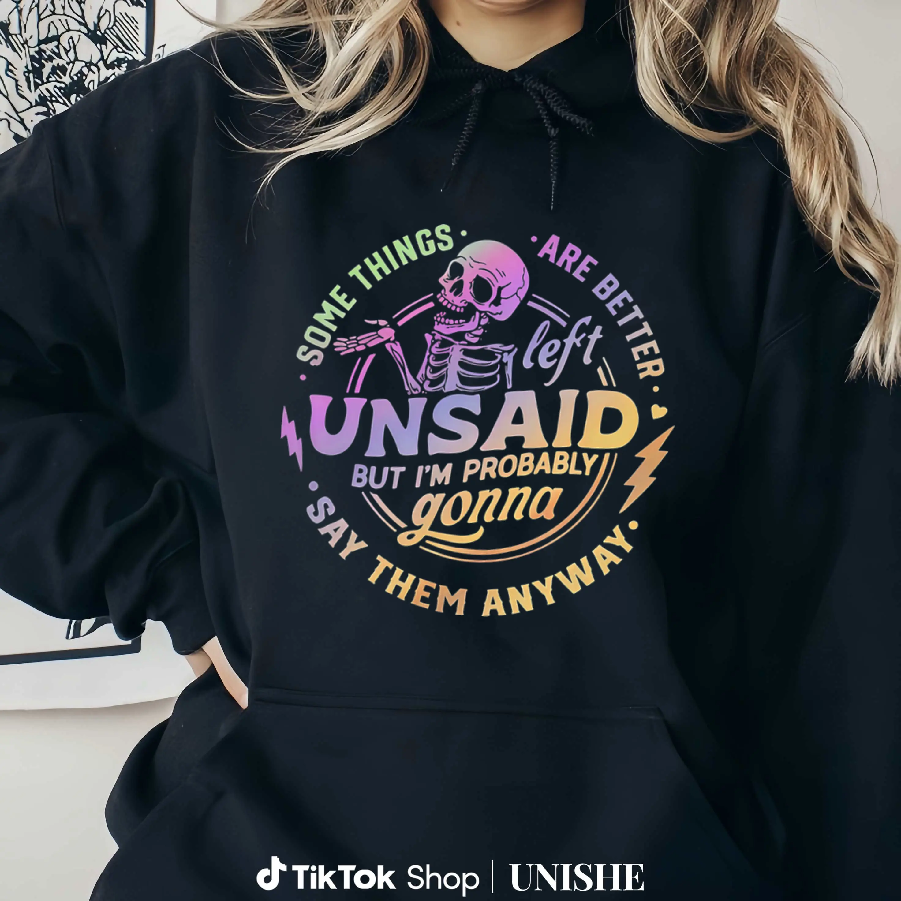 Colorful Lettering Long Sleeve Hoodie – Skeleton Quote Graphic, Machine Washable Design