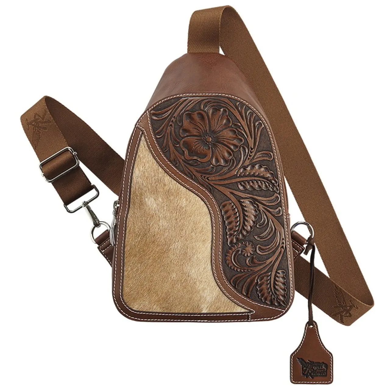 Men's Western Handcrafted Tooled Leather & Hair-On Cowhide Sling Bag - Adjustable Shoulder Bag, Crossbody with Back Pocket, Handcrafted Bag