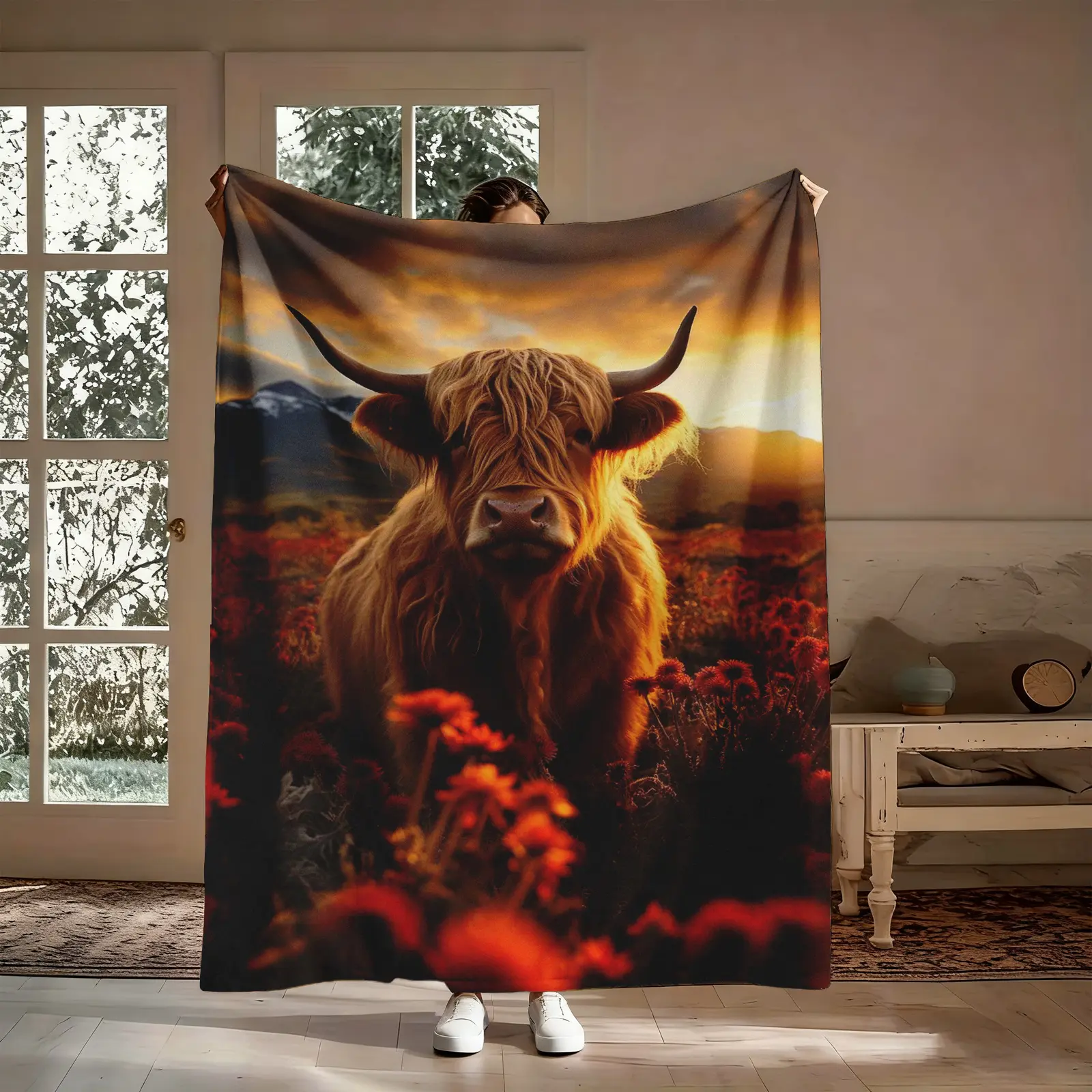 Sunset Highland Cow Flannel Throw Blanket, Scottish Cattle Wildflower Mountain Landscape Oil Painting Pattern Soft Warm Cozy Nap Blanket for Couch Bed Sofa, Rustic Western Gift for Cow Lover Her Him, Birthday Christmas Holiday Housewarming Gift, Cow-Theme