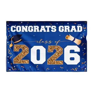 Class of 2026 Graduation Backdrop 50x70 Inch Congrats Grad Polyester Flag Wall Hanging Decor for Graduation Ceremony Party Supplies