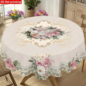 2D flat banner, wave edge 1 piece, spring and summer romantic retro rose daisy pattern round tablecloth, French elegant flower print rectangular tablecloth, indoor and outdoor universal, home decoration, suitable for Valentine's Day