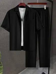 Men's Black 2-Piece Summer Loungewear Homewear Set - Short Sleeve Camp Collar Button-Up Shirt with Chest Pocket & Drawstring Pants, Lightweight Breathable Fabric, Relaxed Fit for At-Home Lounging, Lazy Weekends & Casual Outings