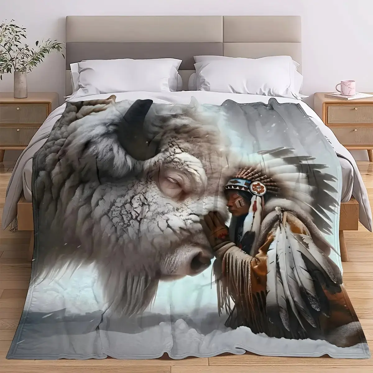 Ultra-Soft Cozy Flannel Throw Blanket, Buffalo & Native American Print, Warm All-Season Blanket for Bed, Travel, Camping, Living Room, Office, Sofa & Chair, Ideal Gift