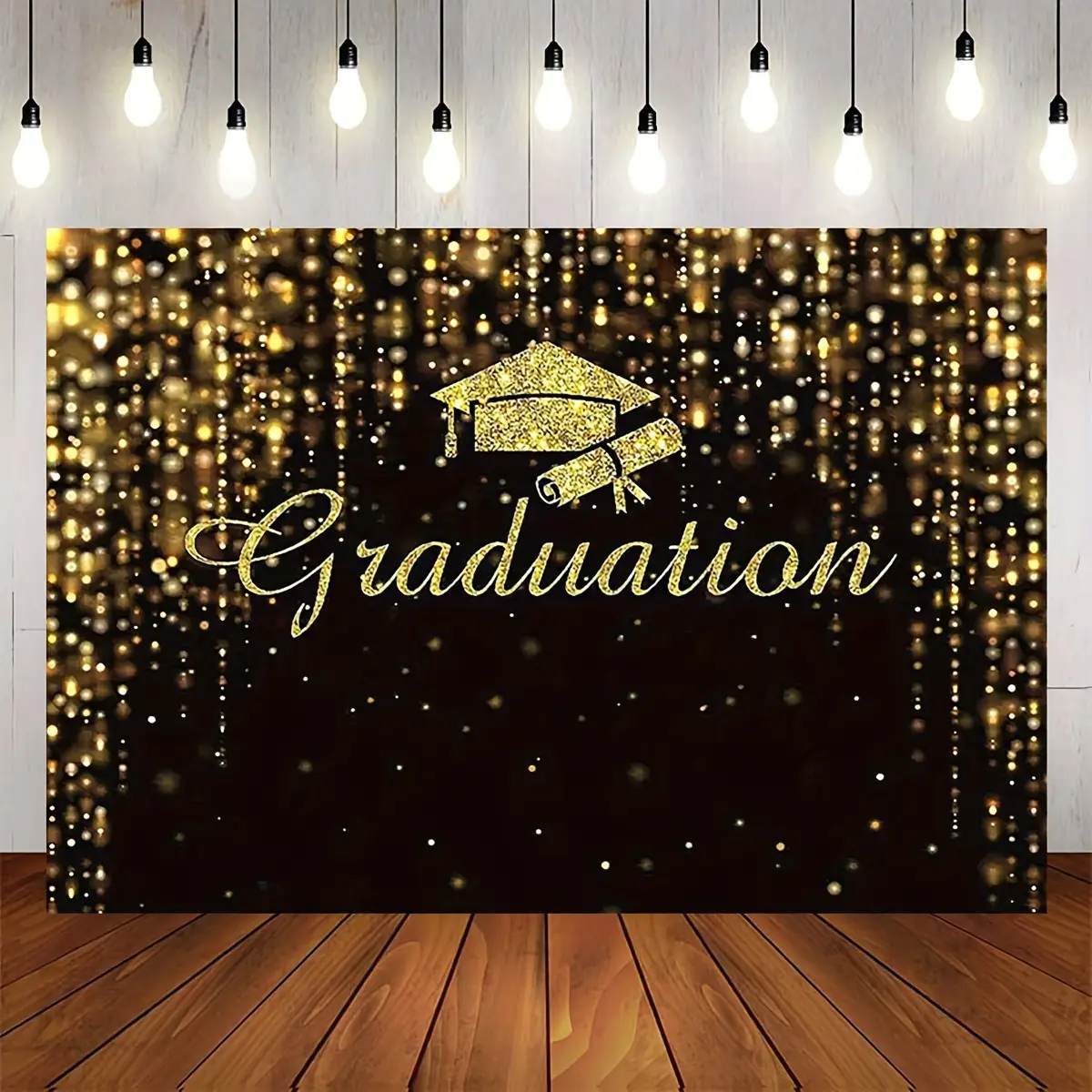 Graduation & Grad Celebration Backdrop – Black Gold Glitter Tapestry, Wall Hanging, Photography Background, Polyester HD Print, Indoor, Outdoor, Party, Event Decor