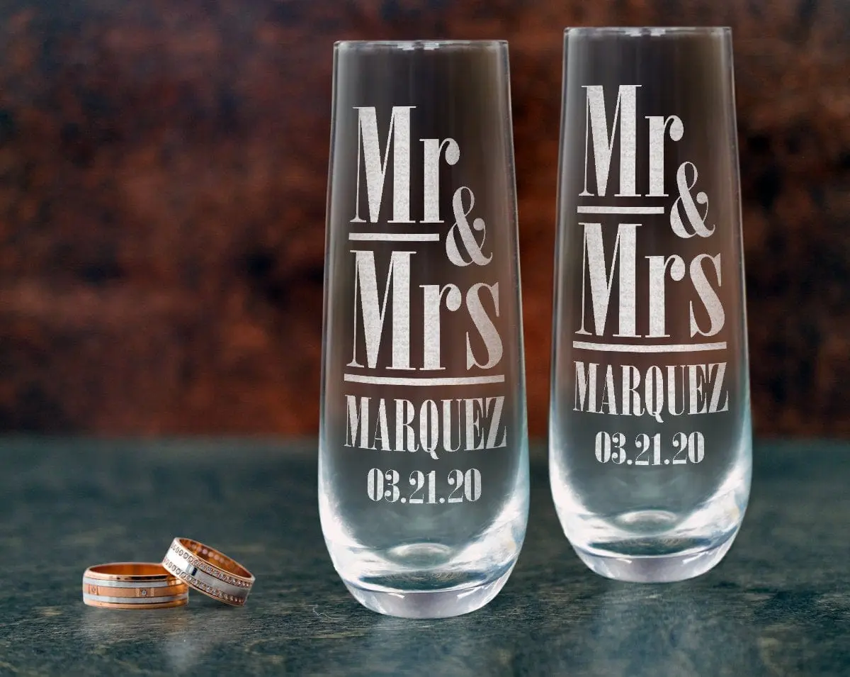 Mr Mrs Stemless Champagne Set of 2 Personalize Engraved Wedding Toasting Glasses The Bride Groom Gifts Table Decor Bridal Shower Anniversary