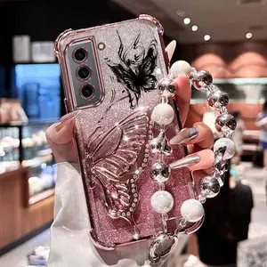 S21 Shockproof PC Fashion Strap Lanyard Phone Holder Case For Compatible With Samsung Galaxy S21 5G Gothic Black Butterfly Stand Cover Phone Accessories