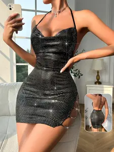 Women's Sexy Rhinestone Backless Sleeveless Mini Dress, High Waist Chain Detail Glitter Nightdress, Club Party, All Seasons, Fit, Womenswear