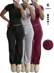 Women's Casual Crew Neck Slim Fit Short Sleeve Top, All-Season Wearable Adjustable Drawstring Pajama Set, Loungewear, Homewear, Solid Color, X-Type Silhouette