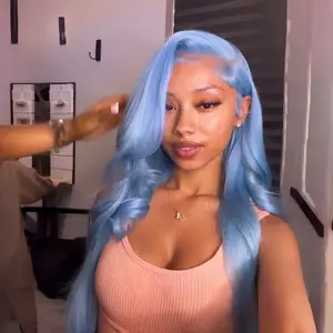 28 inches light blue Wig Long body Wave Wig Glueless Wig Lace Frontal Pre-plucked Hairline Heat Resistant Synthetic Wig for Women
