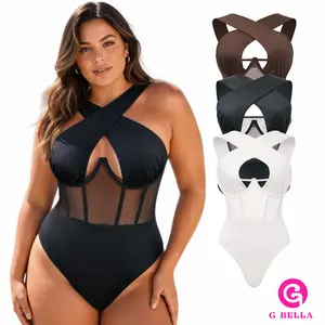 GBELLA Women's Bodysuit, Sexy Crossover Neckline Mesh Slim Fit Comfortable and Stretchy, Underwear Womenswear Top Clothes, Perfect for Vacation Holiday Gifts Beach and Summer Must-Have Outfits Sleeveless Minimalist Basic Check