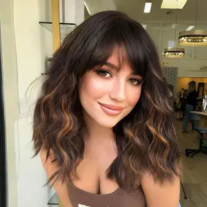 Black Mixed Brown Highlights Short Wavy Curly Wig with Bangs, Natural Looking Synthetic Hair Wigs, Heat Resistant Fiber Wig for Daily Party, Stylist Friendly Wig