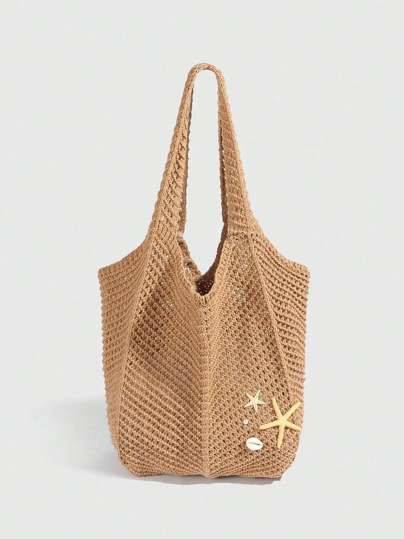 Fresh style hollow woven shoulder bag, large capacity design tote bag, embellished with starfish shells, woven long shoulder strap, fashionable solid color series, Casual Trendy Bag, suitable for vacation and casual wearing scenes, Fabric Tote Bag