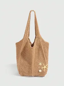 Vacation style relaxed and fashionable retro hollow tote bag, decorated with starfish shells, wide shoulder straps, large capacity design, sweet and casual style, suitable for beach and gentle dressing, Open Beach Bag