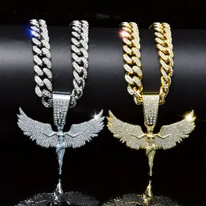 Fashion Hip Hop Angel Wings Pendant Necklace, Shiny Rhinestone with Cuban Chain Necklace, Unisex Amulet Jewelry Gift