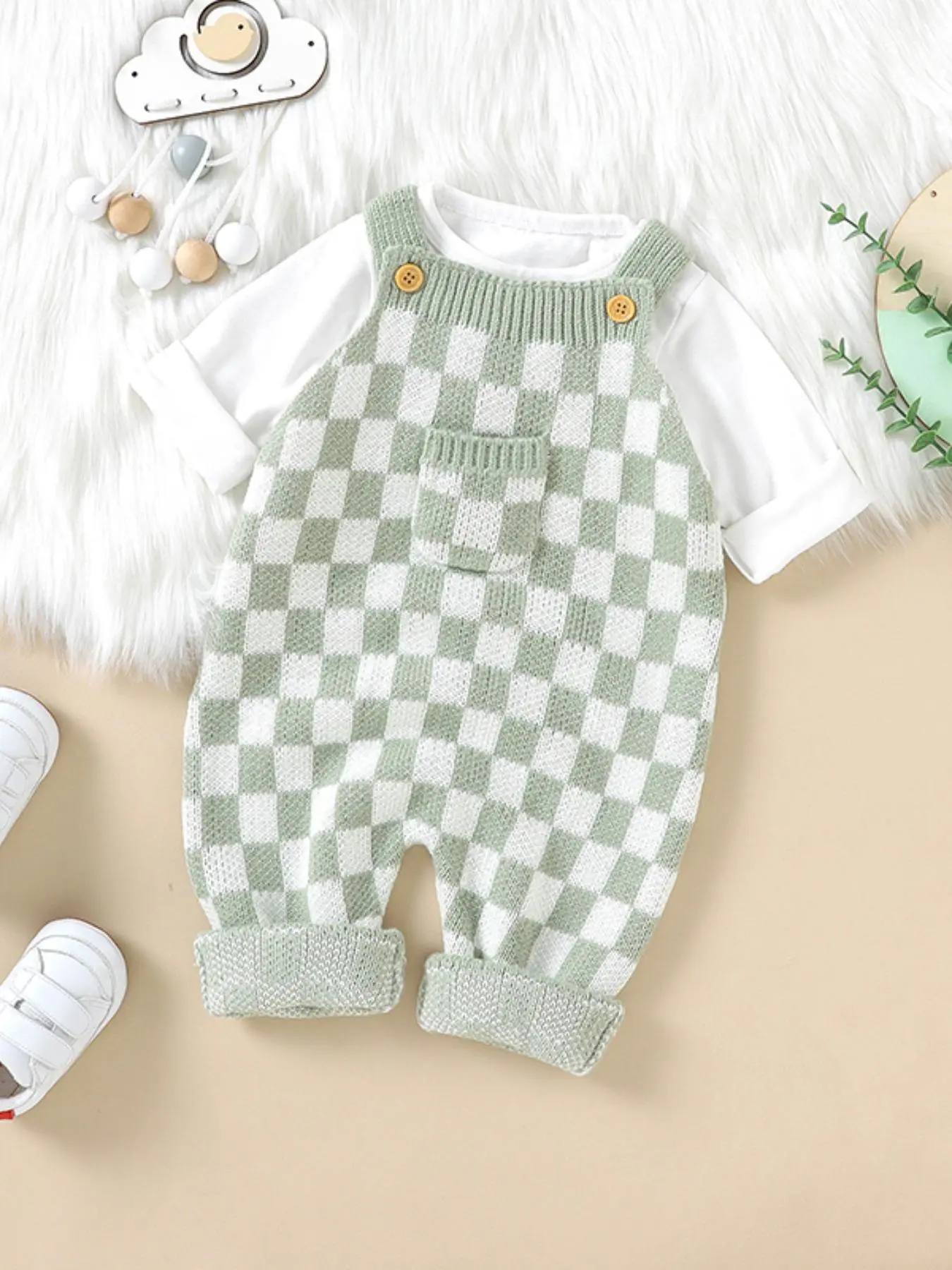 Baby's Plaid Print Button Pocket Sweater Jumpsuit without Tee, Cute Casual Sleeveless Knitting Jumpsuit for Infant Toddler, Newborn Baby Summer Clothes for Daily Wear, Toddler Outfit, Baby Clothing