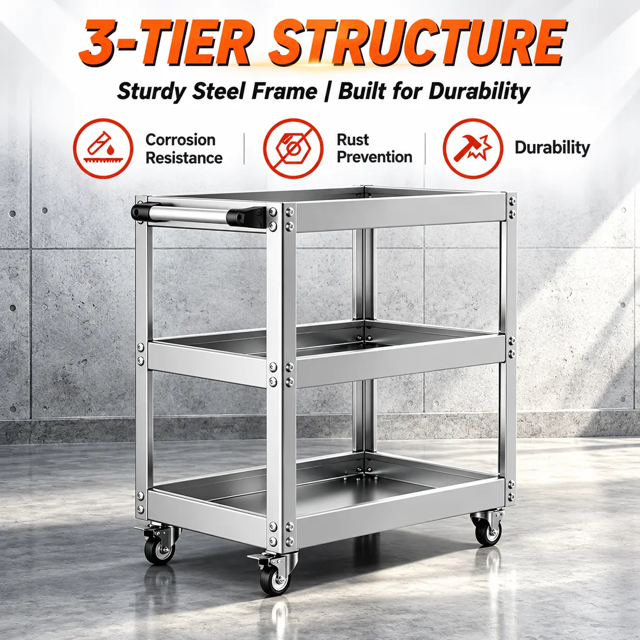 3-Tier Stainless Steel Utility Cart with Wheels, Heavy Duty Rolling Tool Storage Cart, Multi-Level Metal Service Trolley for Garage, Workshop, Warehouse, Office and Home