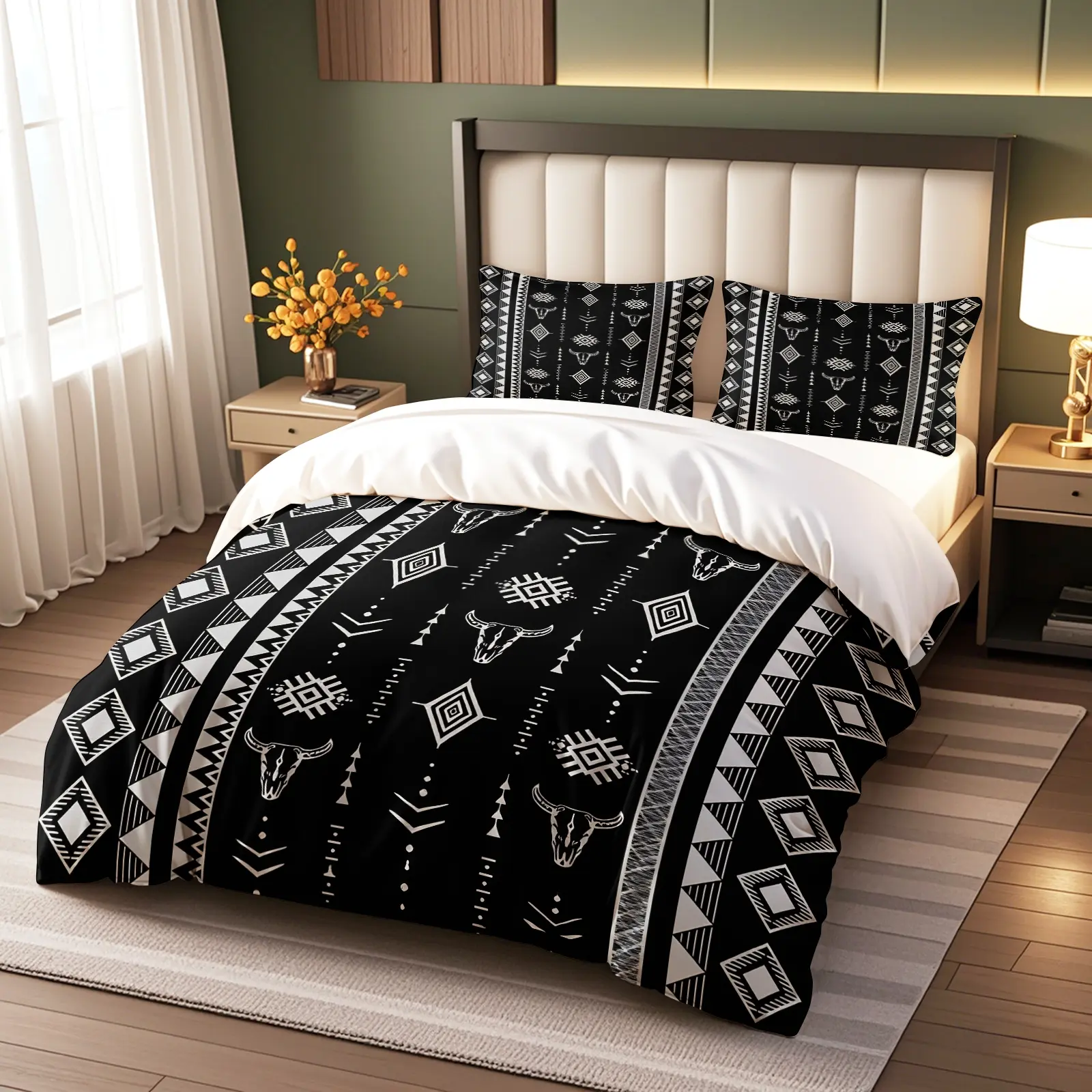 American Western Black White Totem Print Duvet Cover Set, Comfy Bedding Sets, Includes 1 or 2 Pillowcases, Aztec Pattern & Bull Head Design, Soft Machine Washable Fade Resistant, For American Country Lovers, Unique Decor Gift For Bedroom & Lodge