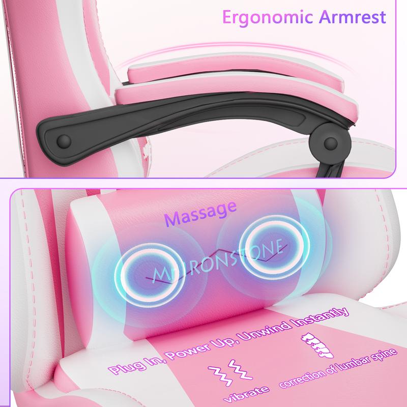 【Sweet!!】Mr IRONSTONE Gaming Chair with Speakers and Led Lights Ergonomic Massage Computer Gaming Chair with Broaden Cusion and Footrest High Back Video Game Chair for Adults Kids Boyfriend Father's Gift, Blue Black and Pink