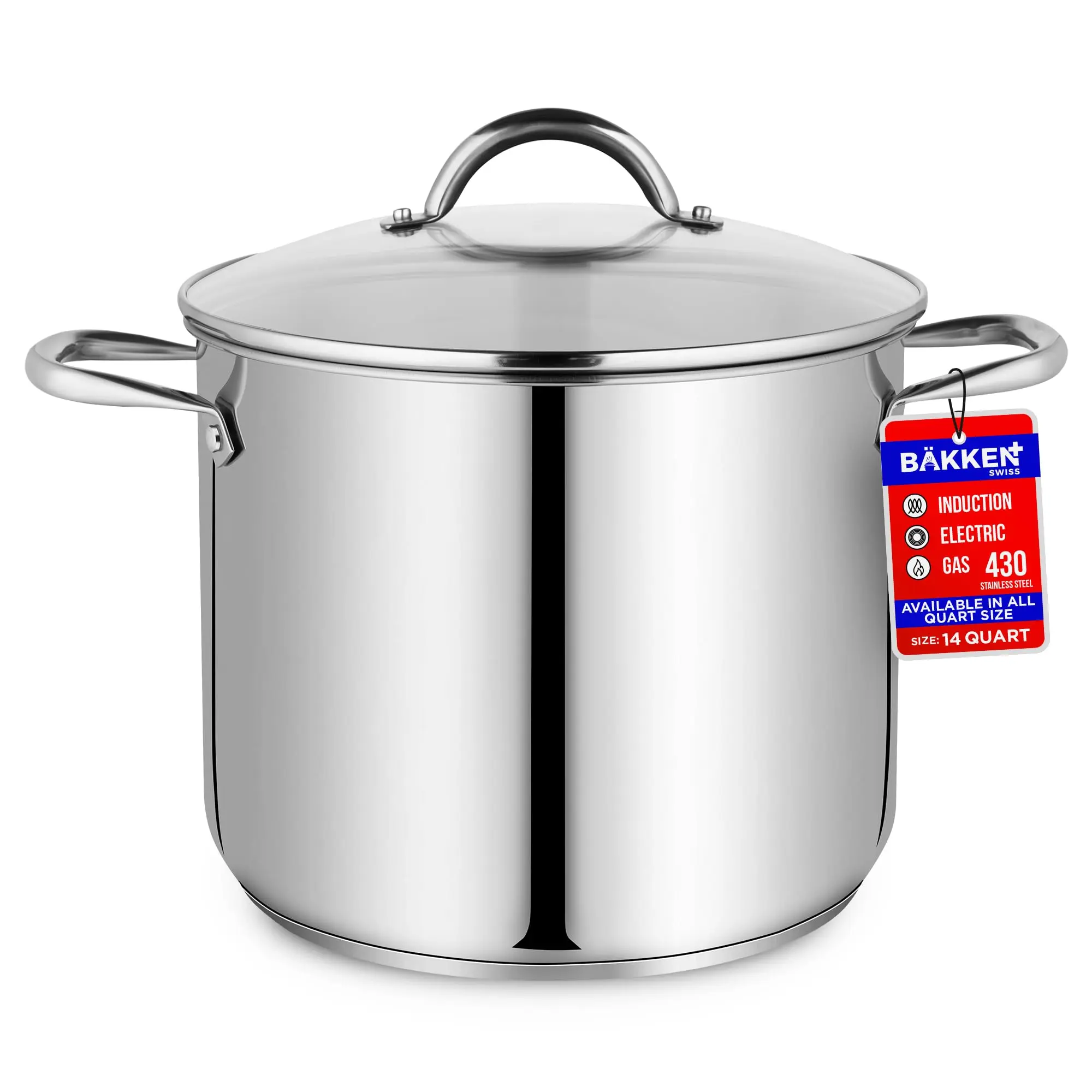 Stainless Steel Stockpot with Tempered Glass Lid 14 Quart, Durable 18/0 Stainless Steel, Impact-Bonded Base for Even Heating, Riveted Handles, Oven & All Stove Compatible, Safe Up To 500°F (260°C)