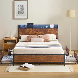 Queen Bed Frame with Storage Headboard,Metal Platform Bed Frame with 4 Storage Drawers,Built in Charging Station & LED,Noise-Free/Metal Support/No Box Spring Needed,Vintage Brown