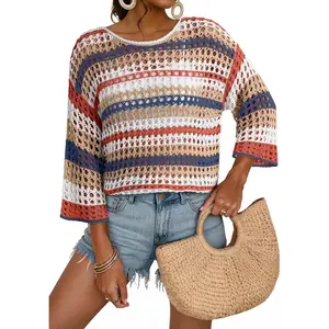 Womens Spring Summer 3/4 Sleeve Crochet Sweater Hollow Out Color Block Striped Tops Casual Beach Vacation Cover Ups2026
