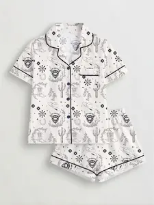 Women's Pyjama Set, Short Sleeve Button-Up Top & Elastic Shorts, All-Season Comfortable Sleepwear, Casual Home Wear, Loungewear