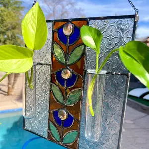 Mid Century handmade stained glass plant propagation station