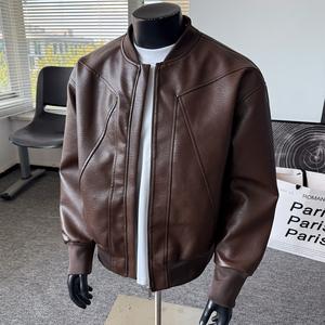 Men's Windproof Leather Jacket, Solid Color Zipper Closure Motorcycle Pilot Style Outerwear, Collared Neck Long Sleeve Fitted Casual Coat for Daily Wear, Riding, Travel, and Streetwear