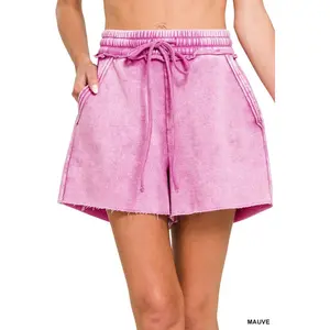 Zenana Acid Wash Fleece Drawstring Shorts With Pockets