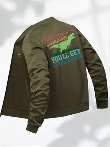 Men's Regular Fit Letter & Dinosaur Print Zip Up Jacket, Casual Comfy Long Sleeve Outerwear for Spring & Fall, Fashion Men's Clothes for Daily Wear, Coats