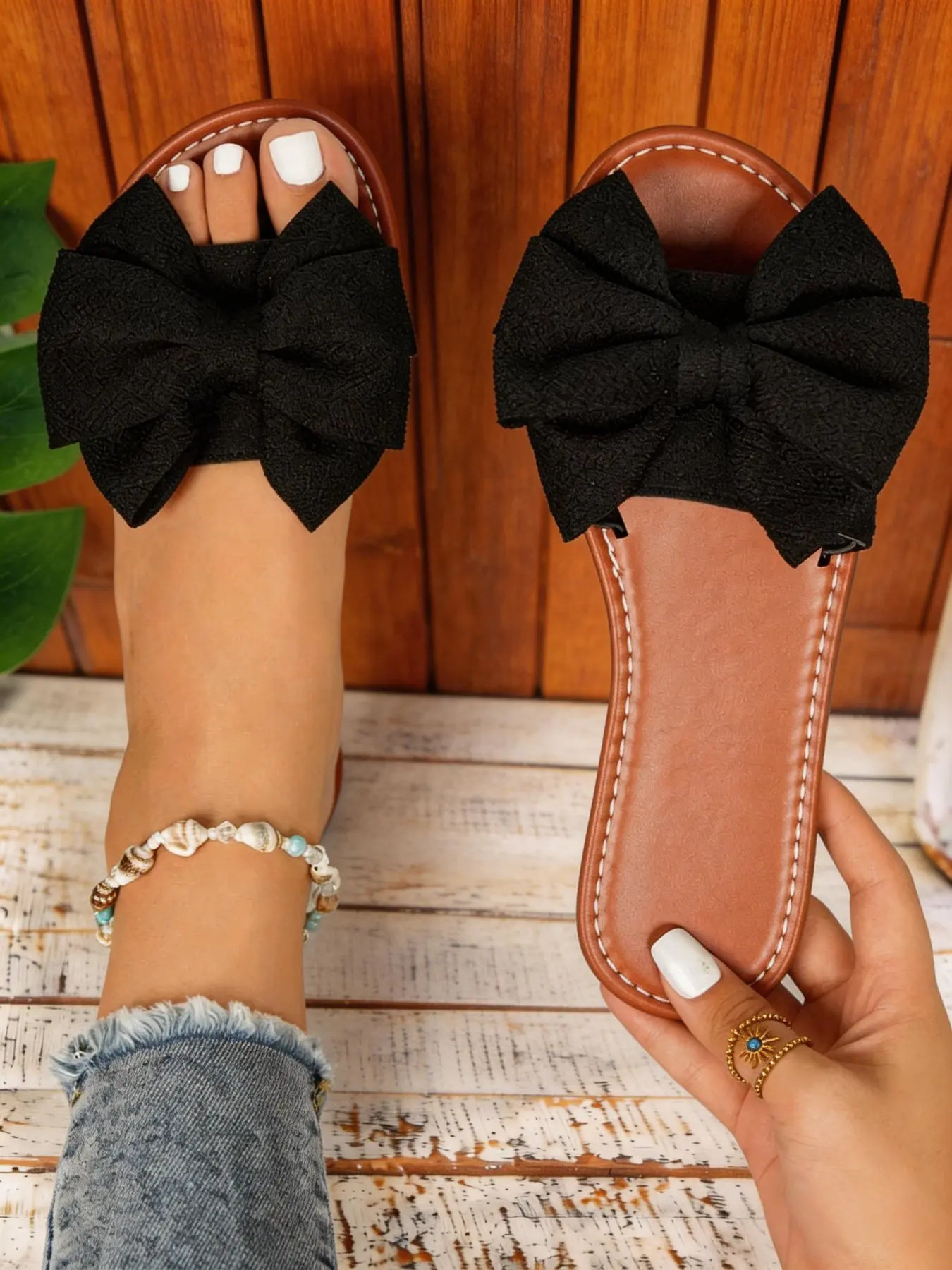 Women's Spring & Fall Bow Flat Sandals, Casual Vacation Style, Open Toe Leather Slippers, Fashionable and Versatile, Casual Summer Footwear